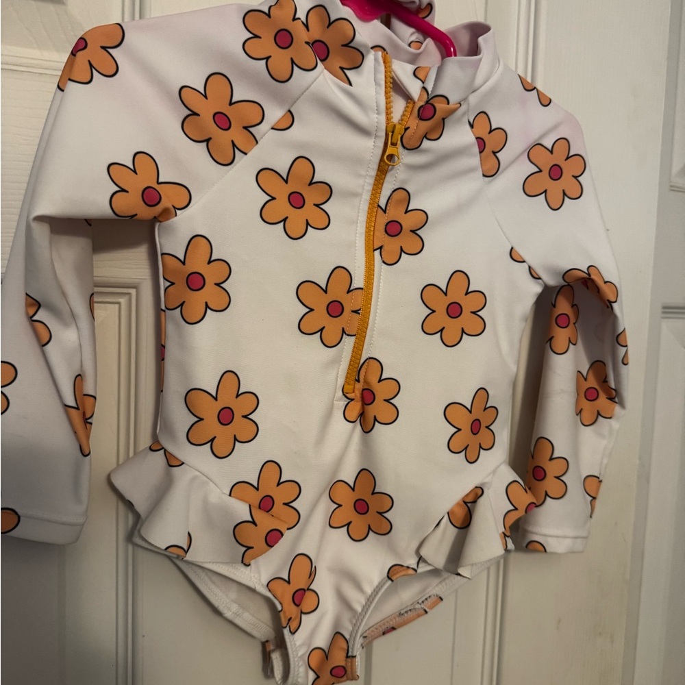 Jessica Simpson White and Orange Floral Kids Swim One Piece toddler 2T
